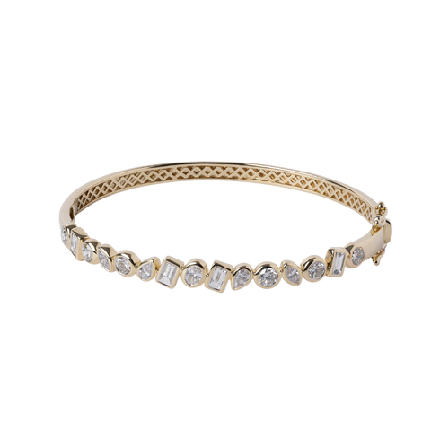 14k Yellow Gold Bezel Set Alternating Diamond Hinged Bangle Bracelet - 1.48cttw