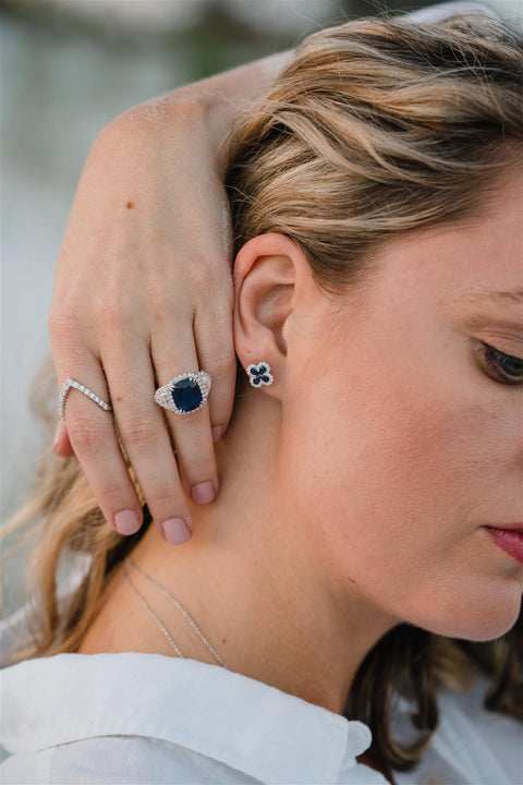 14k White Gold Blue Sapphire & Diamond Clover Earrings