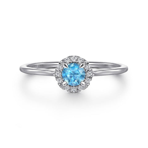 Gabriel & Co. 14k White Gold Blue Topaz & Diamond Halo Ring