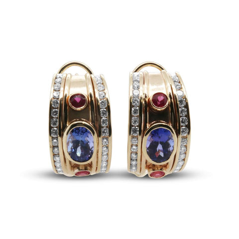 14k Yellow Gold Tanzanite & Ruby Earrings with Diamond Accents