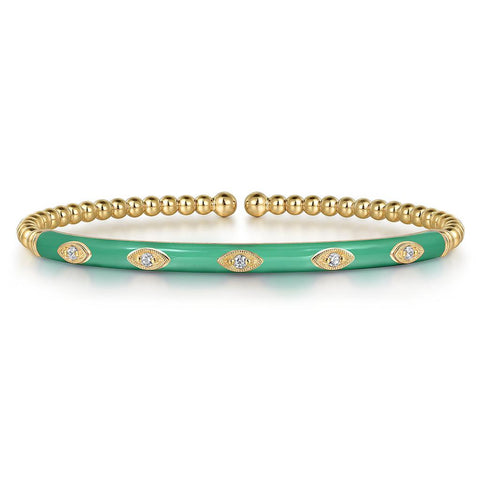 Gabriel & Co. 14k Yellow Gold Bujukan Green Enamel & Diamond Bangle Bracelet - .15cttw