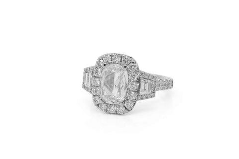 18K White Gold Diamond Ring With 1.58ct Cushion Center & Diamond Halo Ring