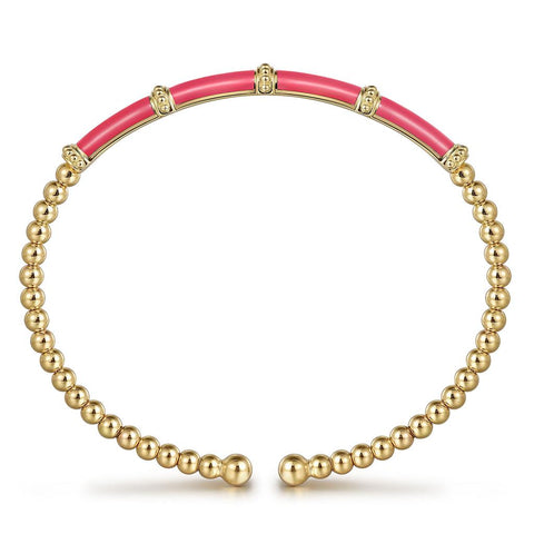 Gabriel & Co. 14K Yellow Gold Bujukan Beads Split Bangle with Pink Enamel