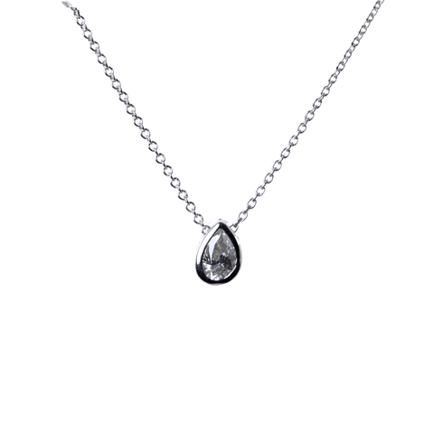 14k White Gold Bezel Set Pear Shape Diamond Necklace - .50cttw