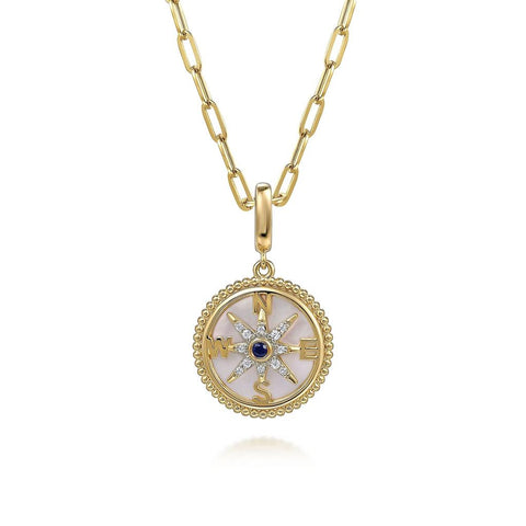 Gabriel & Co. 14K Yellow Gold Mother-of-Pearl Diamond & Blue Sapphire Compass Pendant