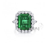 Platinum 8.59ct Emerald & Diamond Halo Ring - 10.88cttw