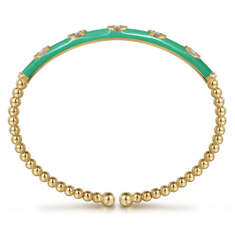 Gabriel & Co. 14k Yellow Gold Bujukan Green Enamel & Diamond Bangle Bracelet - .15cttw