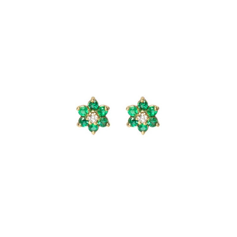 Zoe Chicco 14K Gold Prong Set Flower Studs With Emerald Petals And A Diamond Center