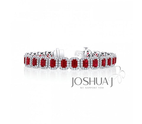 18k White Gold Emerald Cut Ruby & Diamond Halo Bracelet - 16.64cttw