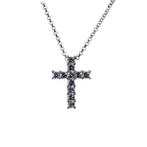 18k White Gold Asscher Cut Diamond Cross Necklace - .54cttw