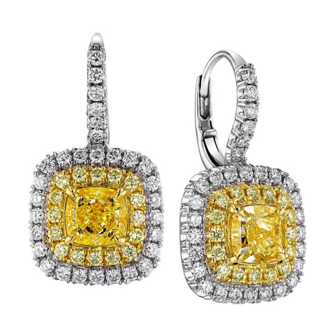 18k Two-Tone Gold & Diamond Drop Earrings With Fancy Yellow Diamond Centers