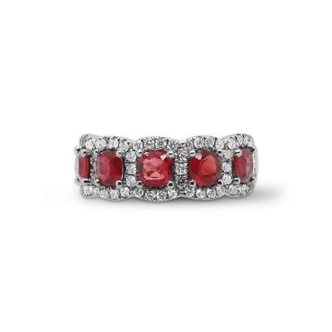14k White Gold Round Ruby Ring with a Continuous Diamond Halo