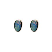 14k Yellow Gold Bezel Set Opal Necklace & Stud Earring Set