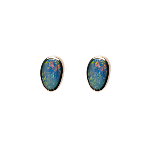 14k Yellow Gold Bezel Set Opal Necklace & Stud Earring Set