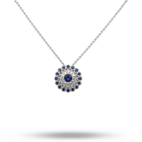 18k White Gold Flower Diamond and Blue Sapphire Necklace