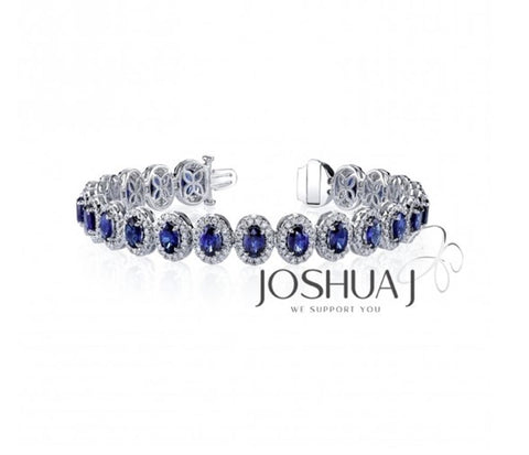 18k White Gold Oval Cut Sapphire & Diamond Halo Bracelet - 14.23cttw