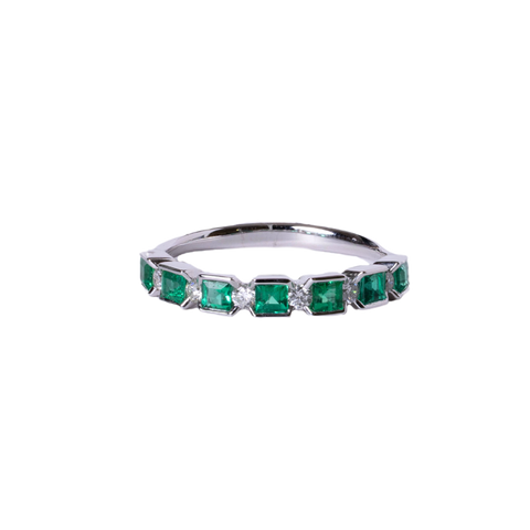 14k White Gold Bezel Set Emerald & Diamond Wedding Band