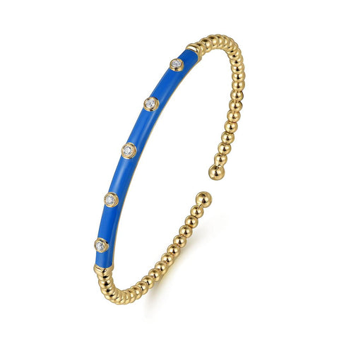 Gabriel & Co. 14k Yellow Gold Blue Enamel & Diamond Bujukan Bangle - .15cttw