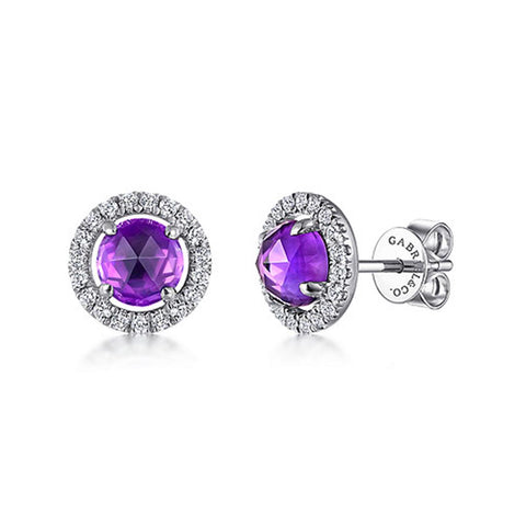 Gabriel & Co 14K White Gold Round Amethyst and Diamond Halo Stud Earrings