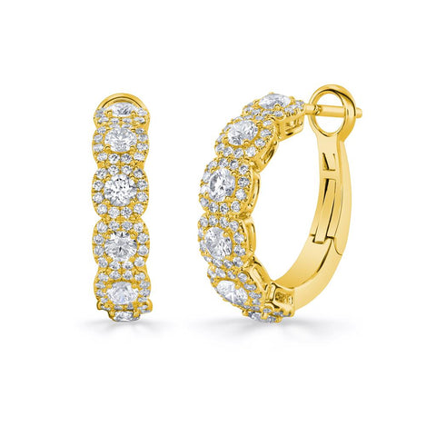 18k Yellow Gold Round Diamond & Halo Hoop Earrings - 4.94cttw
