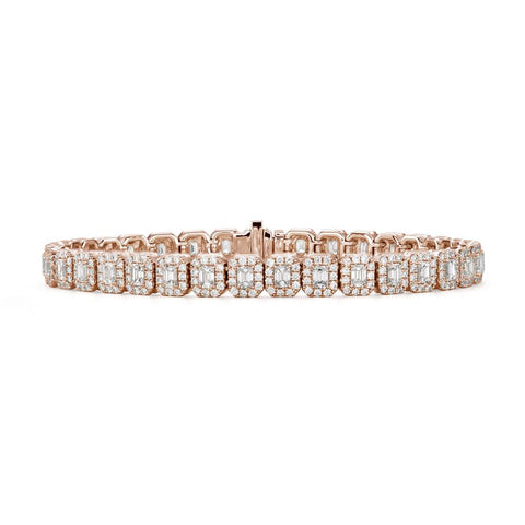 18k Rose Gold Emerald Cut & Diamond Halo Tennis Bracelet - 8.77cttw