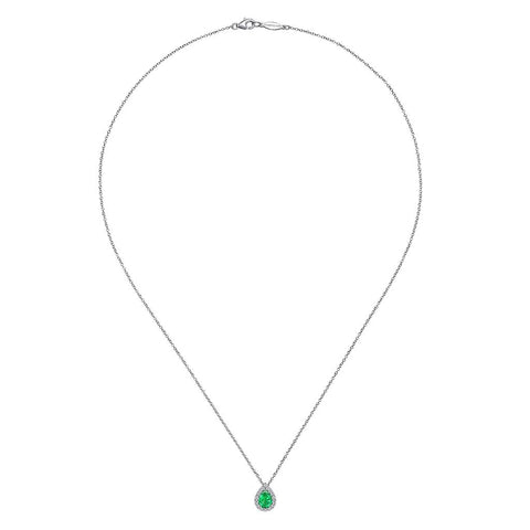 Gabriel & Co. 14k White Gold Pear Shaped Emerald and Diamond Halo Necklace