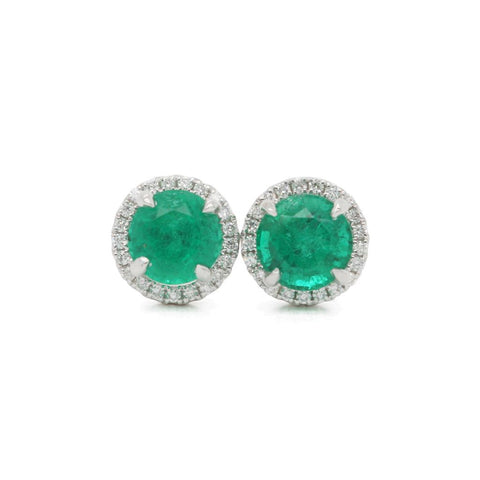 14K White Gold Studs With An Emerald Center And A Diamond Halo