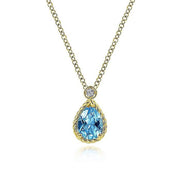 Gabriel & Co. 14K Yellow Gold Pear Shape Blue Topaz Pendant Necklace with Bezel Set Diamond