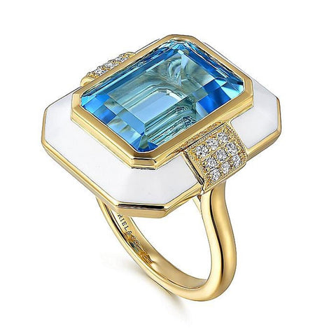 Gabriel & Co. 14K Yellow Gold Diamond and Emerald Cut Blue Topaz Fashion Ring With White Enamel