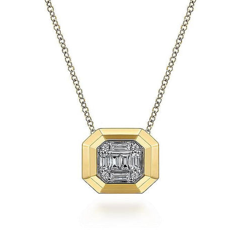 Gabriel & Co. 14K Yellow Gold Geometric Baguette and Round Diamond Pendant Necklace