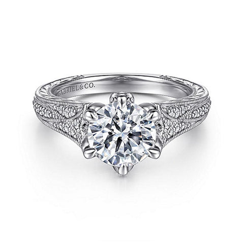 Gabriel & Co Elanie - Vintage Inspired 14K White Gold Round Diamond Engagement Ring