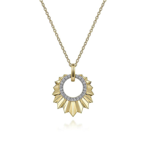 Gabriel & Co 14K Yellow Gold 17 5 inch Diamond Necklace With Diamond Cut Texture In Leaf Shape