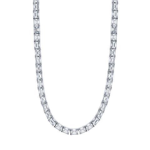 Platinum Emerald Cut Diamond Tennis Necklace - 21.88cttw