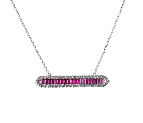 14k White Gold Ruby and Diamond Bar Necklace