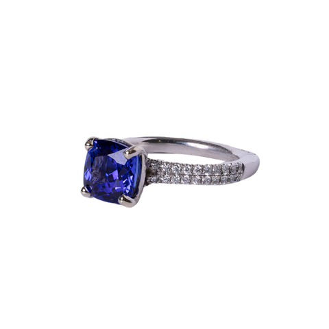 18k White Gold 2.99ct Tanzanite Cushion Cut & Diamond Ring
