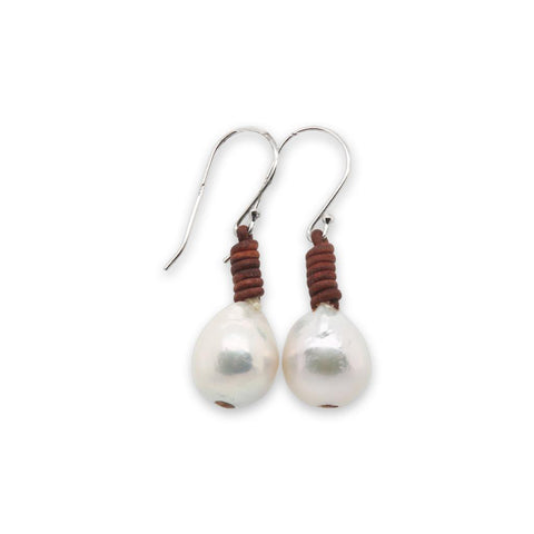 Baroque Pearl Brown Leather Knotted Earrings