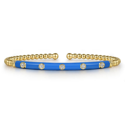 Gabriel & Co. 14k Yellow Gold Blue Enamel & Diamond Bujukan Bangle - .15cttw