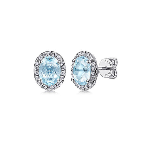 Gabriel & Co 14K White Gold Oval Halo Aquamarine and Diamond Stud Earrings