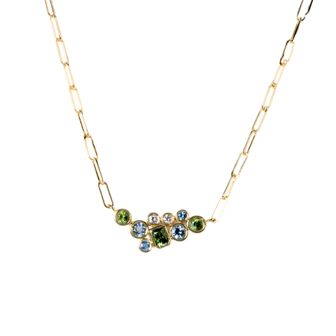 Lauren K. 18k Yellow Gold Bezel Set Aquamarine & GreenTourmaline Bubble Necklace