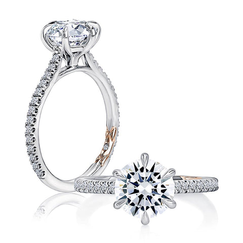 14K White Gold Six Prong Round Center Diamond Engagement Ring with Diamond Band