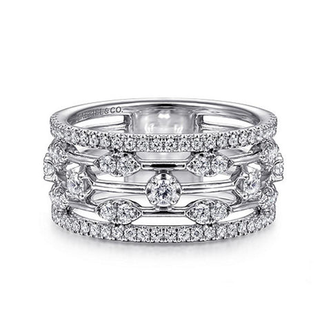Gabriel & Co 14k White Gold Wide Five Row Diamond Station Ring - .75cttw