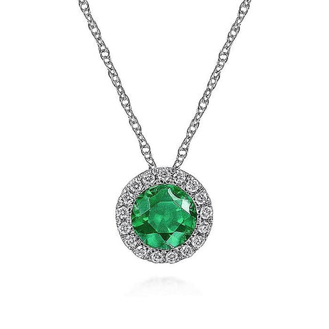 Gabriel & Co. 14K White Gold Emerald and Diamond Halo Pendant Necklace
