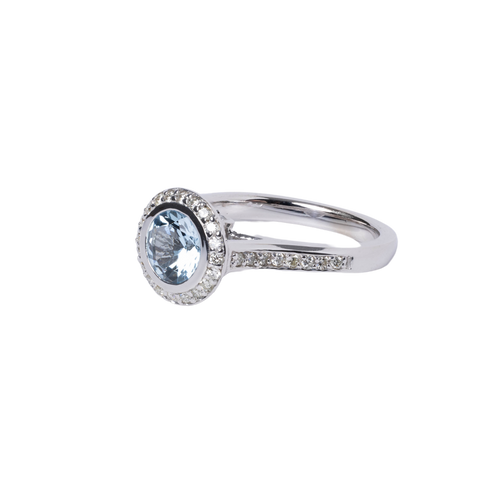 14k White Gold Aquamarine & Diamond Halo Ring