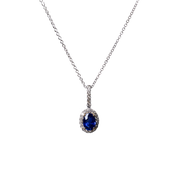 14k White Gold .91ct Oval Cut Blue Sapphire & Diamond Halo Necklace