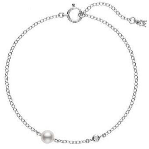 Mikimoto Akoya Cultured Pearl and Diamond Station Bracelet in 18K White Gold