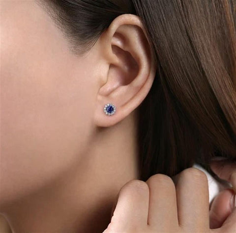 Gabriel & Co 14k White Gold Blue Sapphire and Diamond Halo Stud Earrings