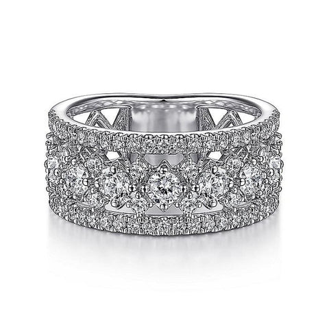 Gabriel & Co. 14K White Gold Three Row Diamond Wide Band Ring
