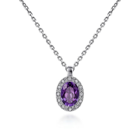 Gabriel & Co 14k White Gold Oval Cut Amethyst and Diamond Halo Necklace