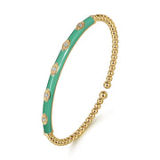 Gabriel & Co. 14k Yellow Gold Bujukan Green Enamel & Diamond Bangle Bracelet - .15cttw