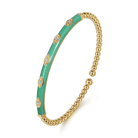 Gabriel & Co. 14k Yellow Gold Bujukan Green Enamel & Diamond Bangle Bracelet - .15cttw